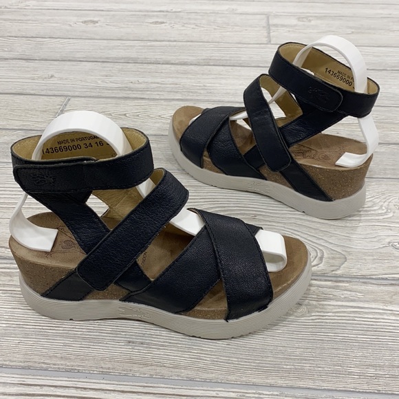 Fly London Black Strappy Wedge Sandals 